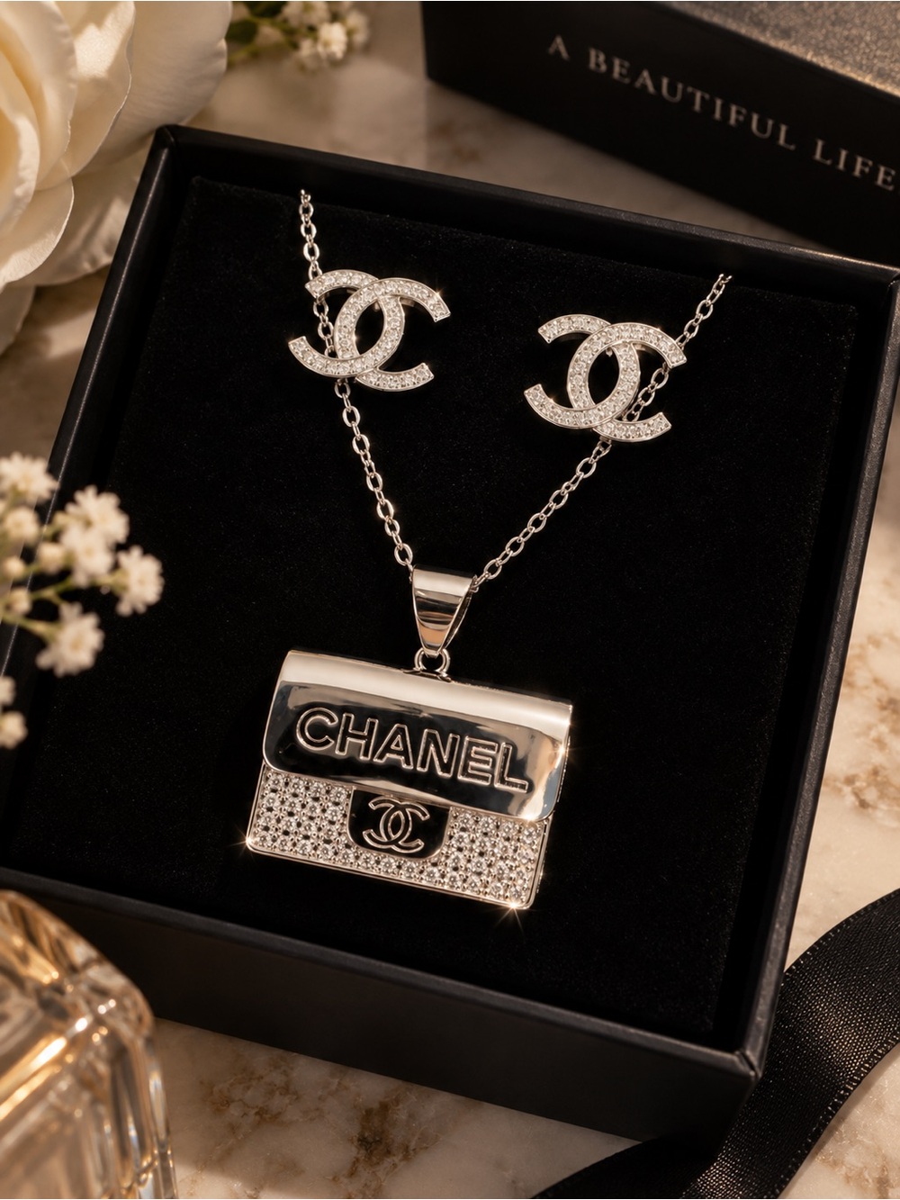White gold filled inspired Crystal Logo Pendant Necklace